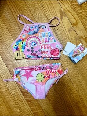 Limeapple Girls Emoji Two-Piece Swimsuit - Pink, Blue, Green